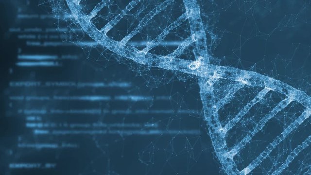 Dna double helix structure rotation on artistic blurry science computer screen.