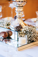 Christmas table setting. Holiday Decorations. Christmas background with an empty plate. decorations for the New Year's table. Concept Christmas, new year,food.