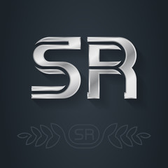S and R initial silver logo. SR - Metallic 3d icon or logotype template. RS - design element with lineart option. Vector.