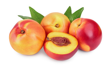 Nectarine fruit and half with leaf isolated on white background cutout