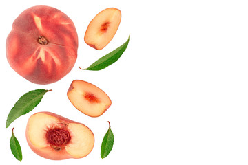 Ripe chinese flat peach fruit and half with leaf isolated on white background. Top view. Flat lay
