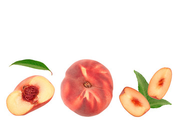 Ripe chinese flat peach fruit and half with leaf isolated on white background. Top view. Flat lay