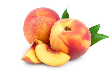 Fototapeta na wymiar Ripe peach fruit and slice with leaf isolated on white background