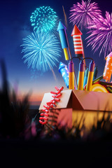 A box full of fireworks and rockets on bonfire night with fireworks lighting up the night sky. 3D...