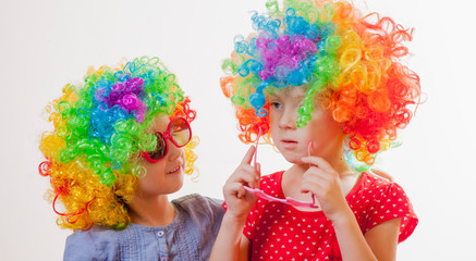 Portraits of beautiful caucasian child girls superstars in glasses. Concept about lifestyle and beauty.