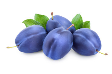 fresh plum with leaves isolated on white background