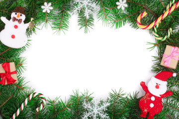 Christmas frame decorated with snowflakes isolated on white background with copy space for your text. Top view.