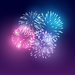 A group of realistic bright fireworks lighting up the night sky. Vector illustration