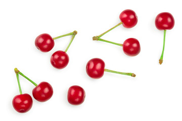 Obraz na płótnie Canvas Some cherries with leaf closeup isolated on white background. Top view. Flat lay.