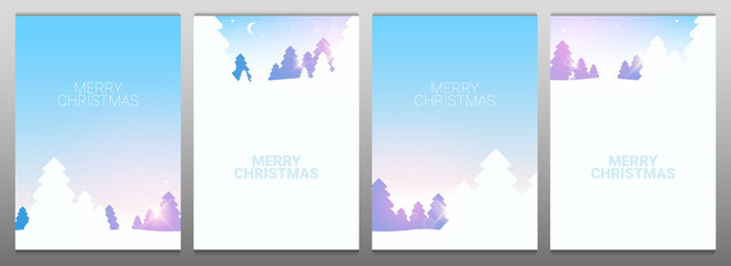 Set of Merry Christmas backgrounds. Winter Forest Woodland Landscape with Pine and sunshine.