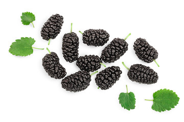 Mulberry with leaf isolated on white background with copy space for your text. Top view. Flat lay