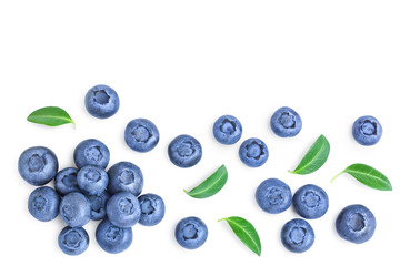 fresh ripe blueberry with leaf isolated on white background with copy space for your text. Top view. Flat lay pattern