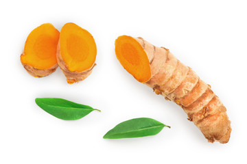 Turmeric root and slice isolated on white background. Top view. Flat lay