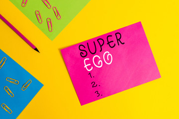Word writing text Super Ego. Business photo showcasing The I or self of any demonstrating that is...