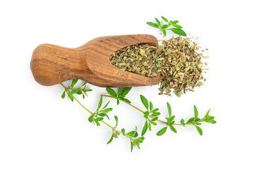 Dried thyme leaves in the wooden scoop, with fresh thyme isolated on white background. Top view