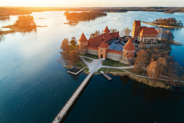Birdseye view of Trakai castle in Lithuania during sunset. One of the most popular tourism objects...