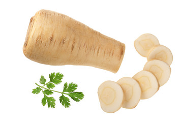 Parsnip root and slices with parsley isolated on white background closeup. Top view. Flat lay