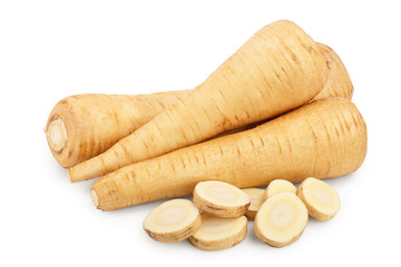 Parsnip root and slices isolated on white background closeup