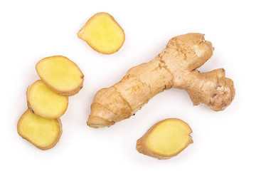 fresh Ginger root and slice isolated on white background. Top view. Flat lay