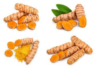 Set or collection turmeric powder and turmeric root isolated on white background with copy space for your text. Top view. Flat lay