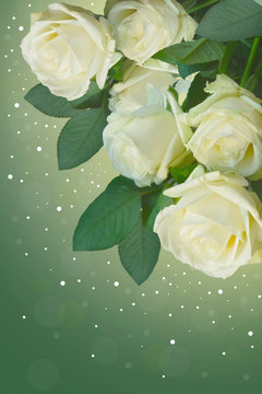 A bouquet of white roses on a green background background.