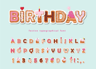 Cake cartoon font. Cute sweet letters and numbers for birthday card, baby shower, Valentines day, sweets shop, girls magazine, collages. Paper cut out. Vector.