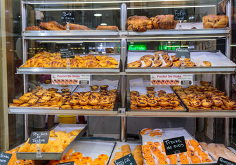 Pastry window with typical portuguese sweet cakes