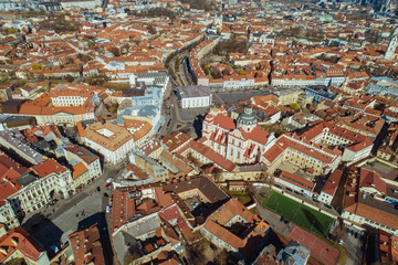 Fototapeta na wymiar Aerial view of an old town in Vilnius , Lithuania during sunny summer morning. (high ISO image)