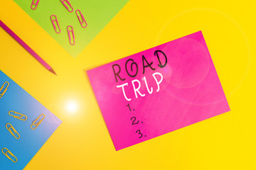 Word writing text Road Trip. Business photo showcasing Roaming around places with no definite or...