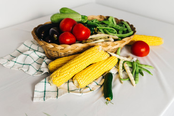 raw vegetables for Turkish homemade pickles. Vegetables are carrot, onion, cabbage, cucumber, onion, garlic, lemon, russian cucumber and green bean	