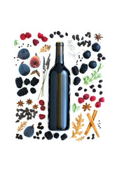 flavors of red wine flat lay, jammy red wine tasting notes - blackberry, raspberry, oak, earthy, pepper, herbs, chocolate, fig, coffee, copyspace, copy space, wine bottle mockup, mock up, blank label