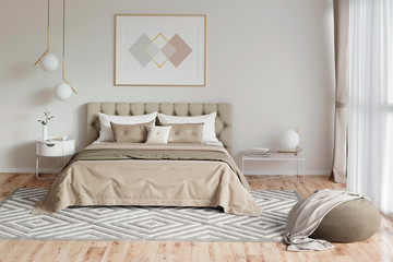 3d illustration. Cozy bedroom in warm colors with painting, a nightstand, a pouf, and a plaid. Front view - obrazy, fototapety, plakaty