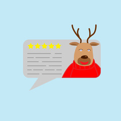 Review rating bubble speeches vector illustration, flat style reviews Christmas Deer avatar and text, concept of testimonial messages, notification alerts, feedback evaluation