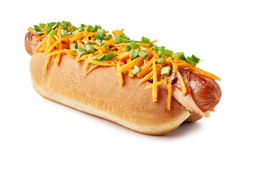 Hot dog with cheese and green onion on white