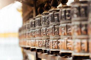 Close up photo of prayer wheels in Kathmandu, Nepal.  V