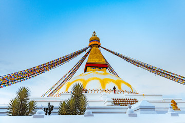 Boudhanath Stupa at sunset, the largest stupa in Nepal, located in Kathmandu. Was built in the 14th...