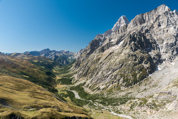 Fototapeta na wymiar Panoramic view of Val Ferret, in the eastern rim of Mont Blanc massif
