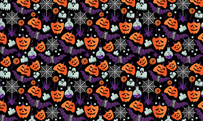 Halloween background with flat icons on a black background.