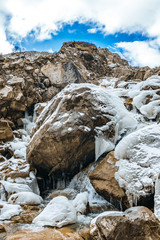 Fototapeta na wymiar Icy rocks in Himalayan mountain waterfall in Manaslu region, Nepal