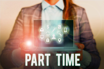 Conceptual hand writing showing Part Time. Concept meaning A work or job that is not peranalysisent...
