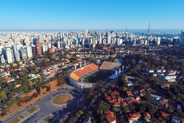 erial view of Charles Miller Square and Pacaeumbu Stadium in the beautiful day. São Paulo, Brazil. Great landscape. Famous places of the city.