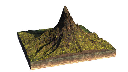 model of a cross section of ground with high mountain (3d illustration, isolated on white background)