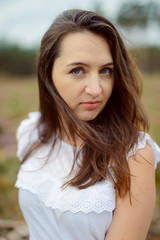 Naklejka premium a photo of woman in the forest where the purple heather blooms. copy space