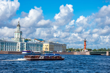 Saint Petersburg. Russia. Exchange building. Rostral columns. Kunstkamera. Panorama of St. Petersburg. Ship with tourists in the Neva. Water excursions in Petersburg. Russian architecture
