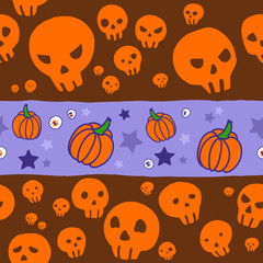Happy Halloween. Seamless vector pattern with skulls and pumpkins. Vector hand-drawn sketch.