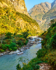 River flows trough rocky valley in Himalaya mountains in Nepal during sunny summer day.	