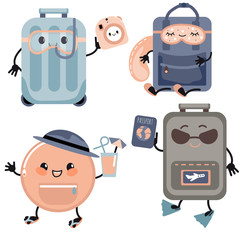A set of cute vector travel icons. travel kawaii objects. Cartoon characters