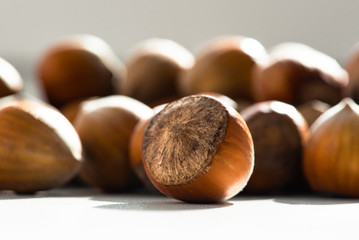 Hazelnut. Fresh organic filbert on white background. Nut macro. 