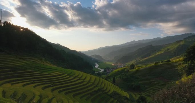 Time-lapse 4k: Vietnam landscapes. Rice fields on terraced of Mu Cang Chai, YenBai, Vietnam. High-quality free stock timelapse or time lapse footage of beautiful terrace rice field prepare the harvest