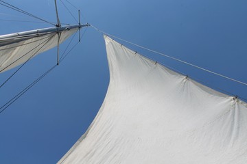 Fototapeta premium Sailboat, white sails against the blue sky, summer, boat trips, yachting